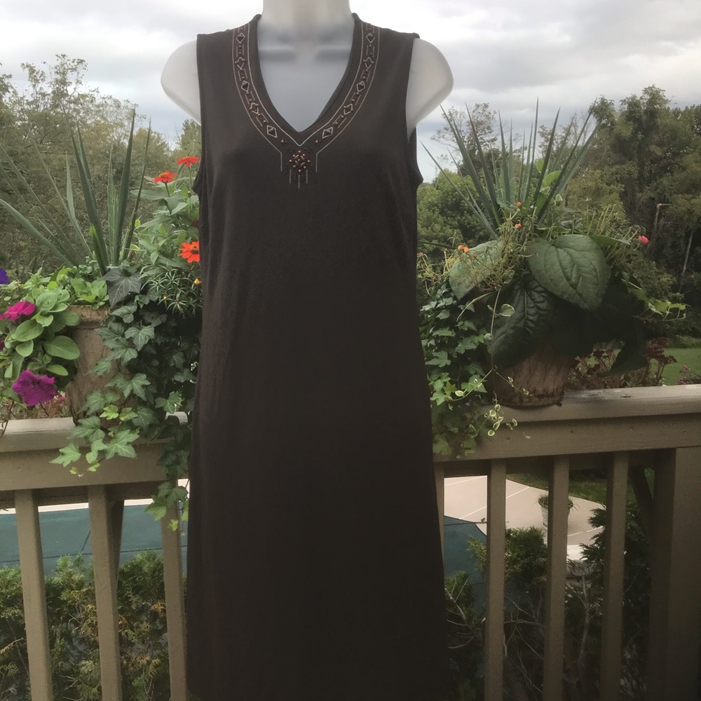 Loft - Lovely brown midi v-neck dress with beads neck, Size S - Picture 1 of 4